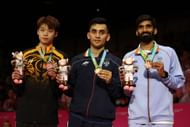 Lakshya Sen (C) & Kidambi Srikanth (R) on the podium at the Commonwealth Games 2022 (Image: Getty)